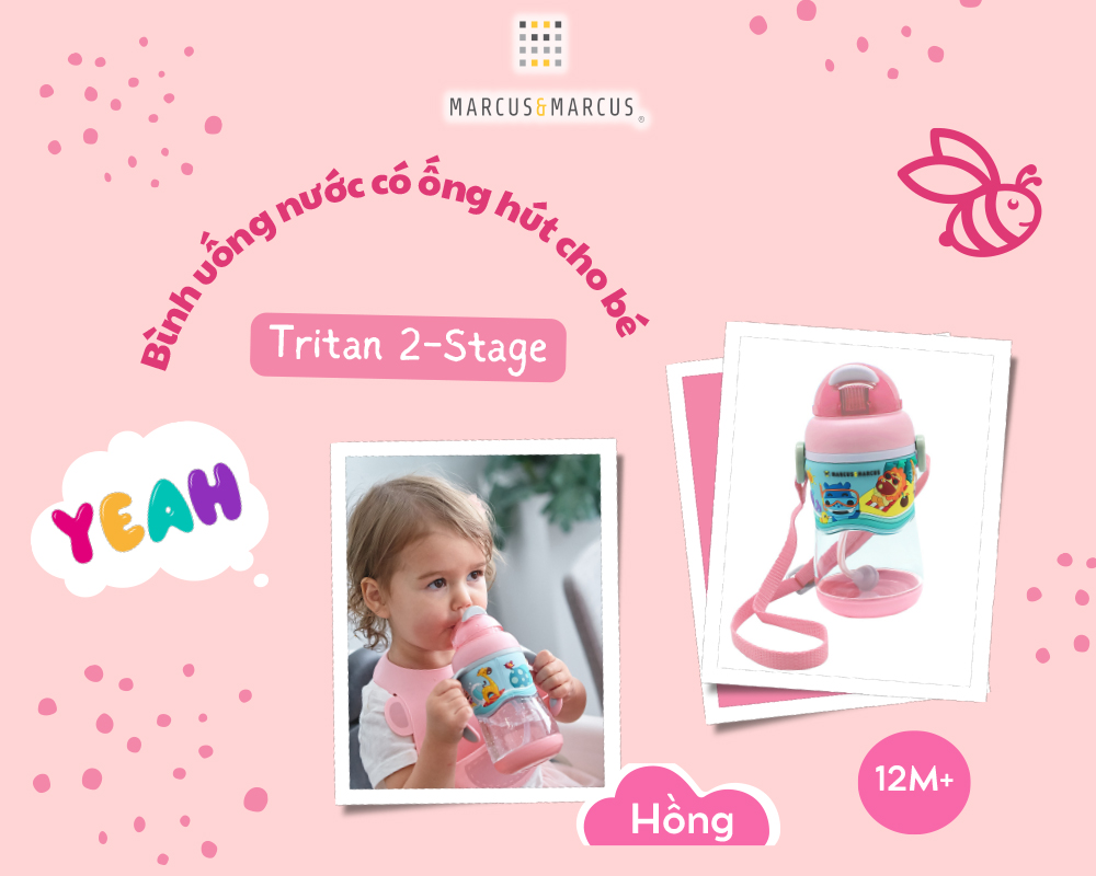 Bình uống nước có ống hút cho bé Tritan 2-Stage Marcus & Marcus, từ 12 tháng - Hồng