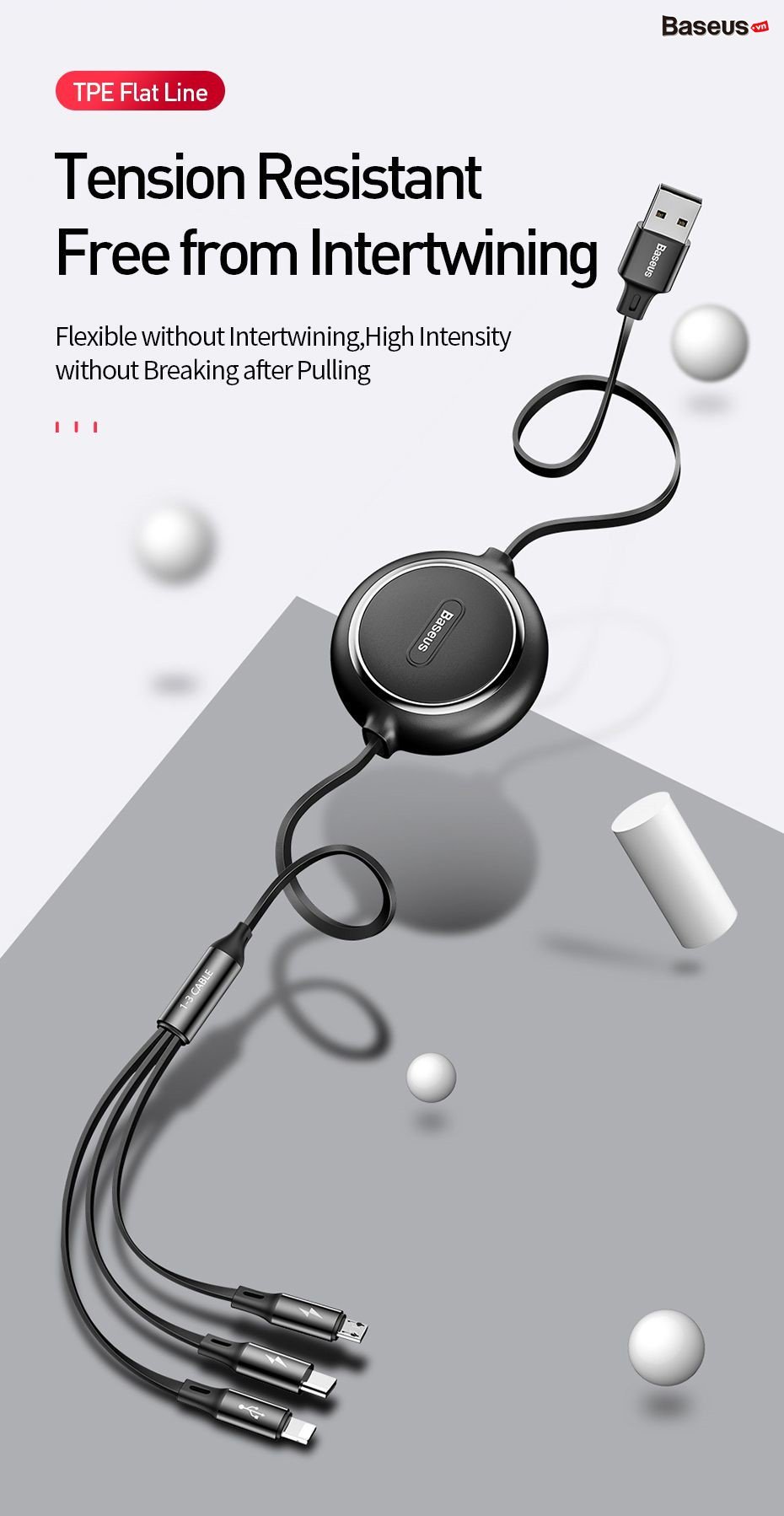 Cáp sạc nhanh Baseus Golden Loop 3 in 1 Elastic 3.5A - Cáp sạc dây rút  3 đầu kết nối Type C/ Lightning/ Micro USB - Hàng Chính Hãng