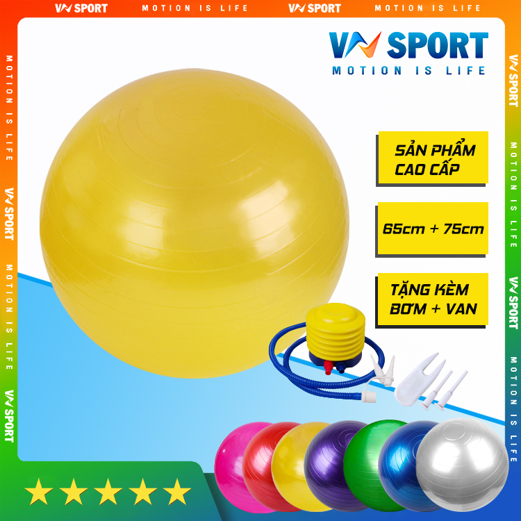 Bóng Tập Yoga Trơn Bóng VNS016, Bóng Tập Yoga 65cm Và 75cm Tặng Kèm Bơm Và Bộ Khóa Van Dự Phòng, Hàng Chính Hãng