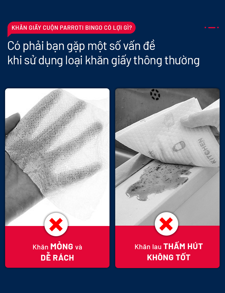 Khăn giấy cuộn đa năng, lau bếp, lau kính, chén bát, lau tay (50 khăn/cuộn, 25cm x25cm) - Parroti Bingo NG01
