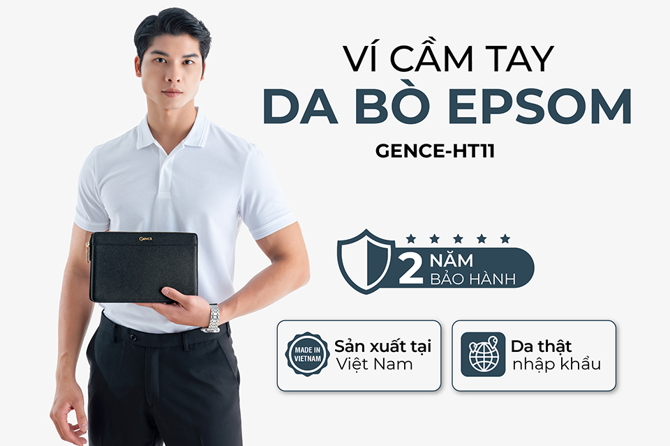 Clutch Da Hàng Hiệu Ví Nam Cầm Tay Công Sở GENCE HT11 Da Bò Cao Cấp Màu Đen