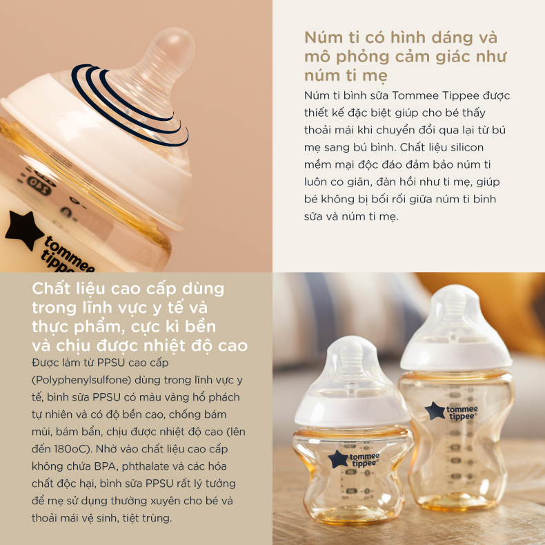 Bình Sữa PPSU Ty Siêu Mềm Tự Nhiên Tommee Tippee Natural Start 260ml, Núm Ty Của Bình 3-6 tháng (Bình Đôi)