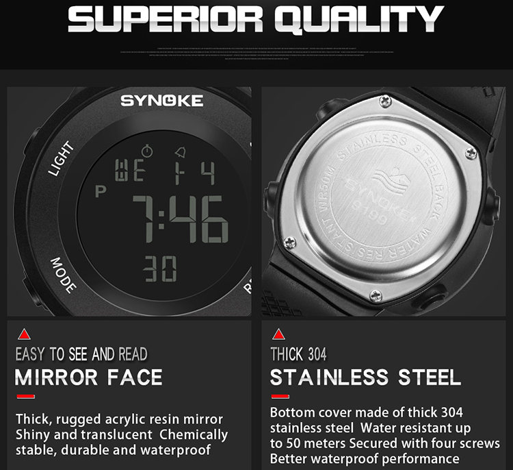 SYNOKE 9199 Sport Watch LED Digital Watch Alarm Luminous Second Timing Waterproof Sport Band