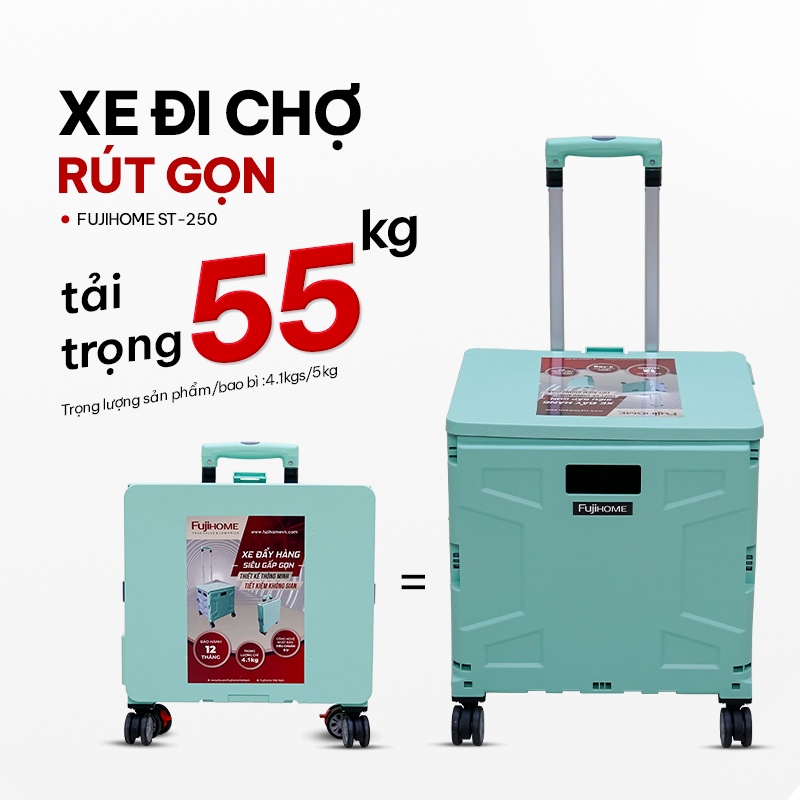 Xe kéo đi chợ siêu thị  65L xếp gọn nhập khẩu FUJIHOME ST250, bánh xe xoay 360 độ, xe đẩy hình hộp vali 65L xếp gọn đa năng- Hàng chính hãng