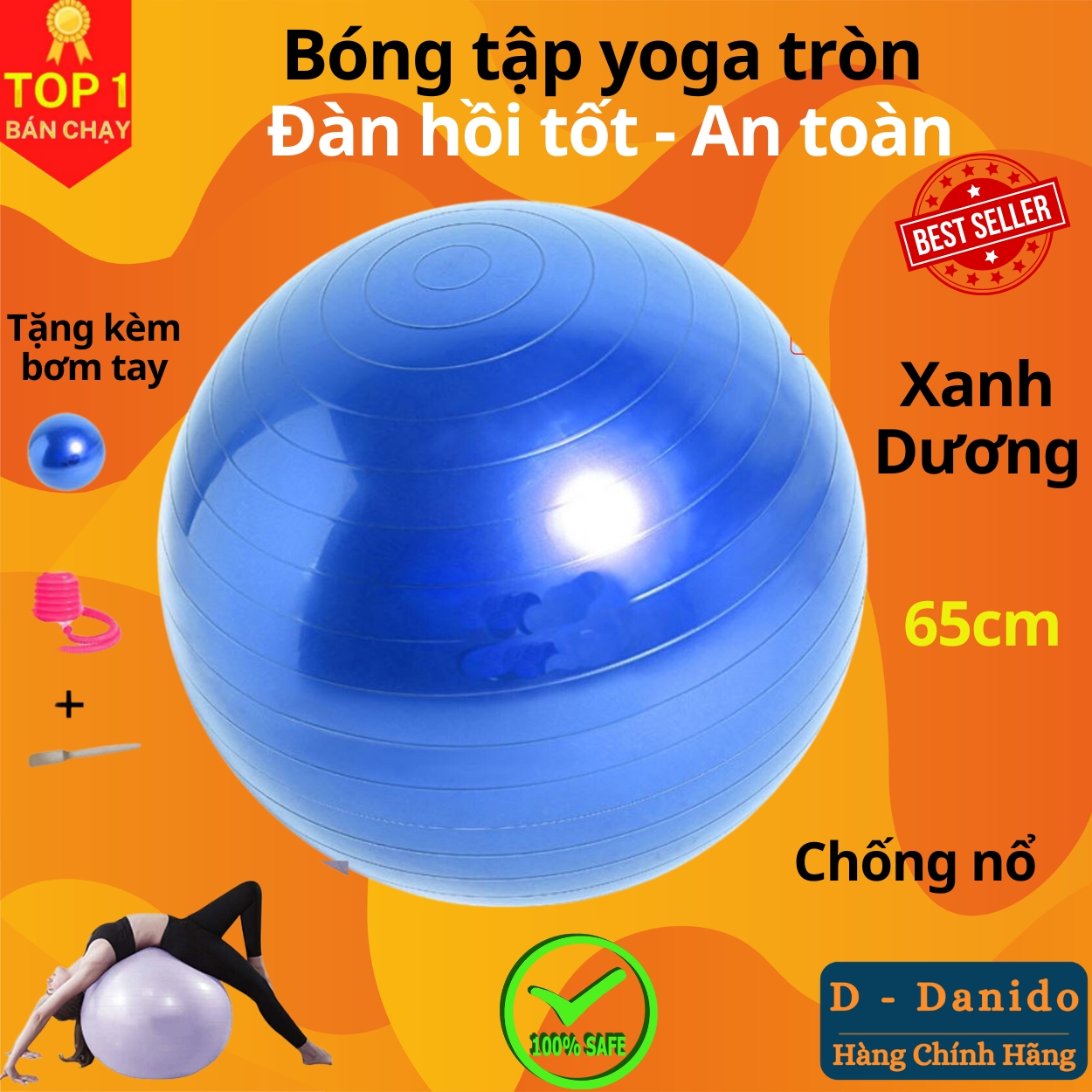 Bóng Tập Yoga, Bóng Yoga Tròn Cỡ Đại 65cm Cao Cấp - Chính Hãng (Hàng nhập khẩu)