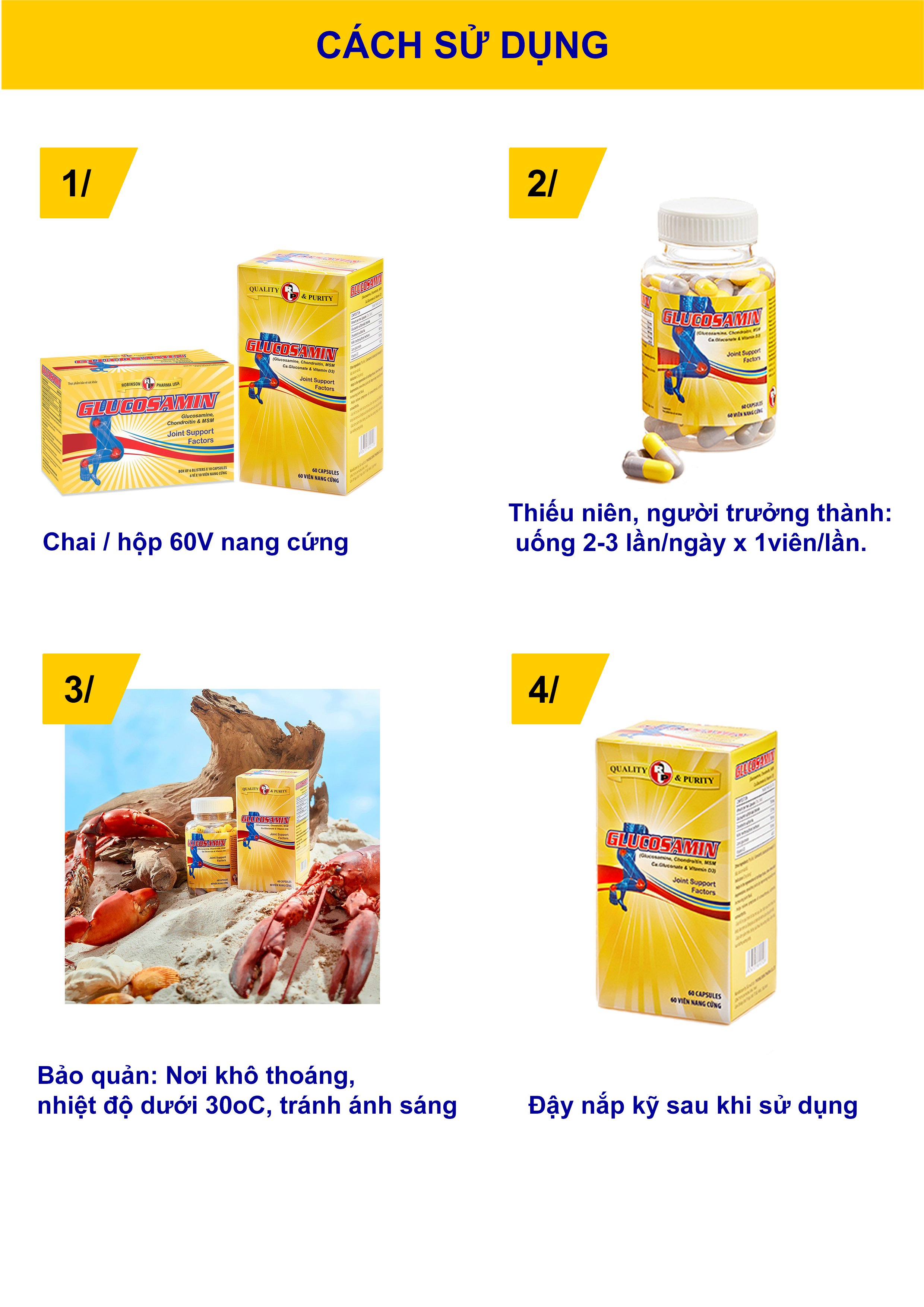 COMBO 4 hộp TPCN hỗ trợ xương khớp,tăng dịch,giảm đau khớp,viên nang Glucosamin MediBeauty- Robinson Pharma Usa-hộp 60 viên-tặng 1 áo mưa dù cao cấp 3