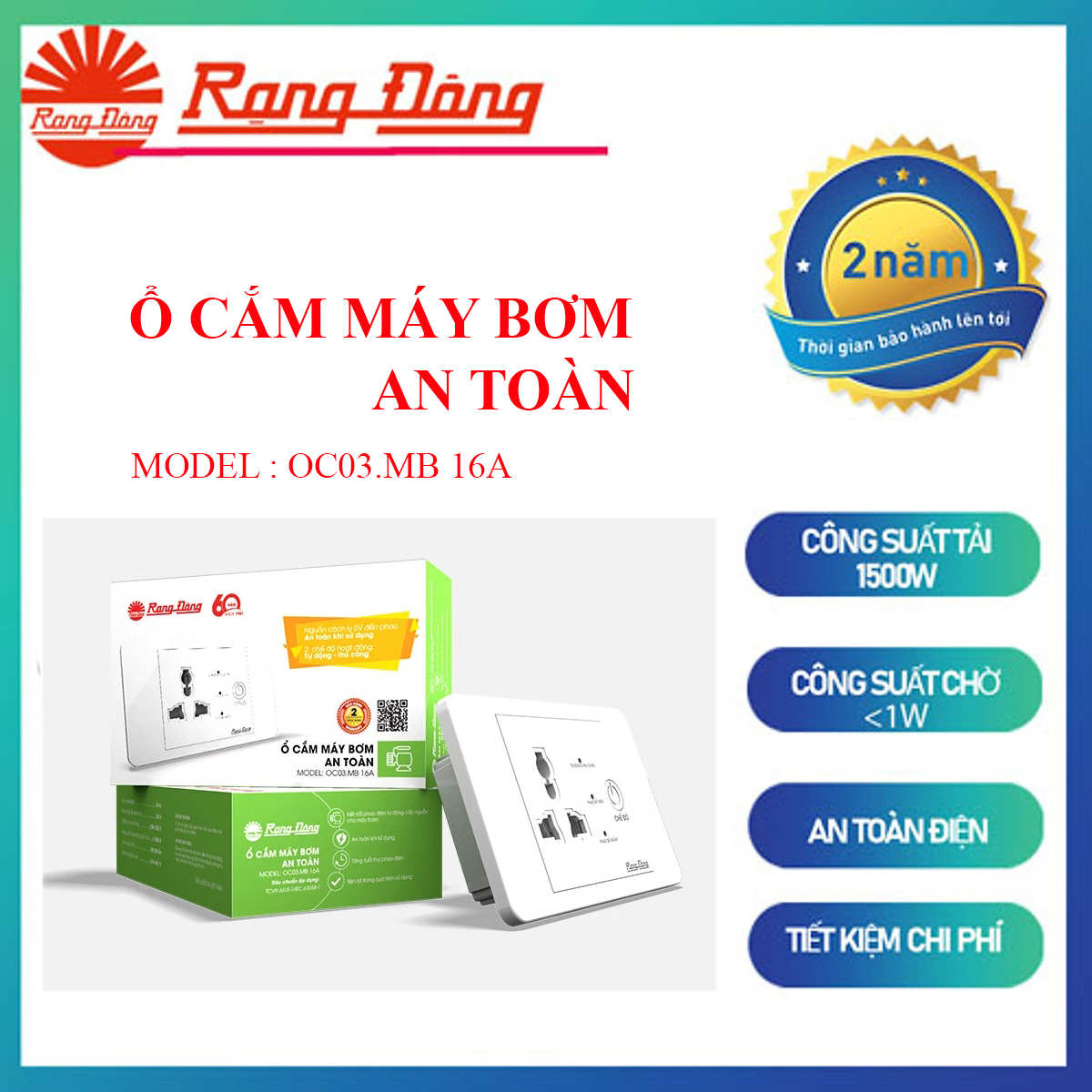 Ổ Cắm Máy Bơm An Toàn Rạng Đông OC03.MB 16A - Ổ Cắm Chống Giật Cấp N guồn 5V Cho Phao Điện - Công Suất 1500W