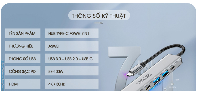 bộ chia cổng usb 3.0, hub type c aswei 7in1