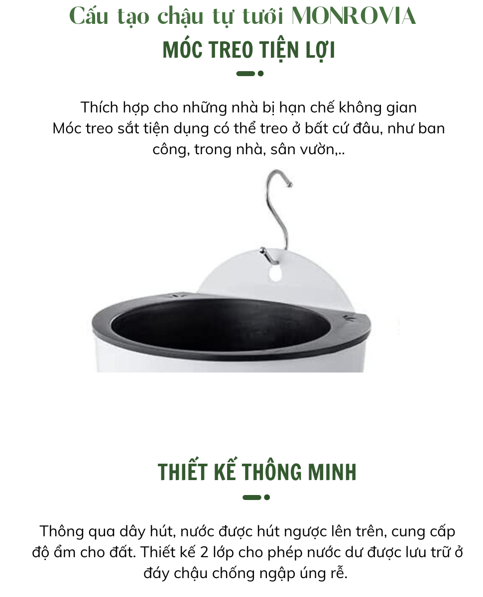 Chậu tự tưới treo tường MONROVIA, trang trí trong nhà, ban công, tiện lợi, sang trọng, tiêu chuẩn châu Âu