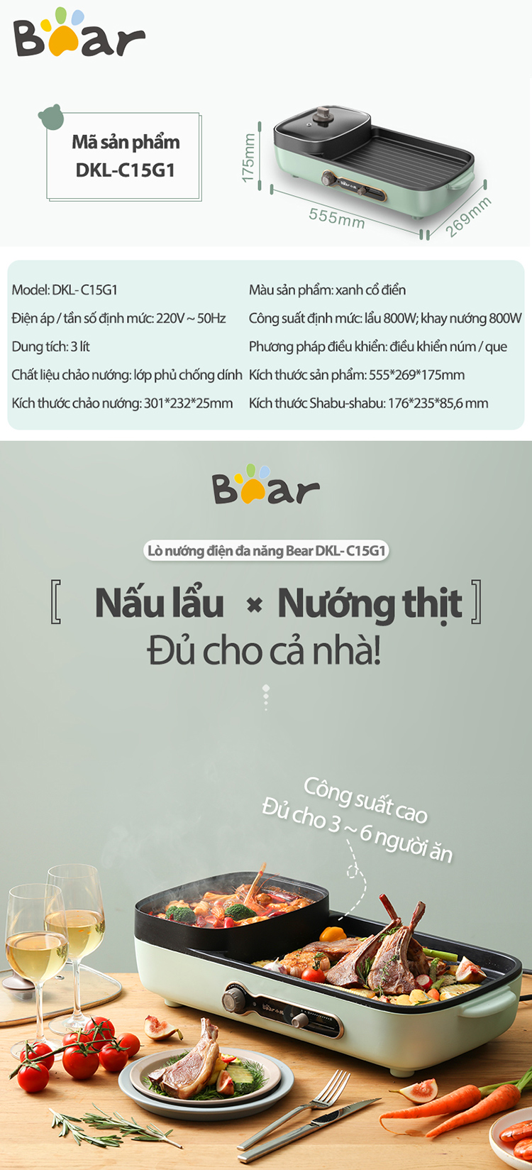 Bếp (Nồi) lẩu nướng BEAR đa năng cho gia đình DKL-C15G1- Hàng chính hãng