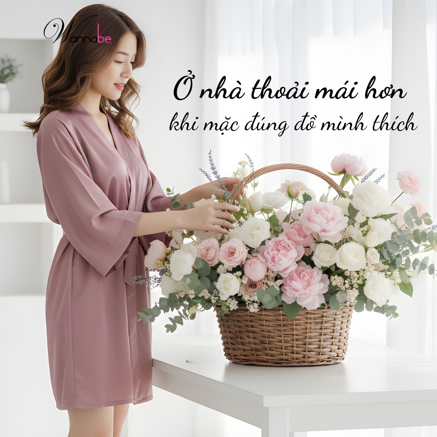 Áo choàng ngủ WANNABE KI010 áo khoác ngủ kimono dạng cơ bản trơn đơn giản dễ mặc sang trọng