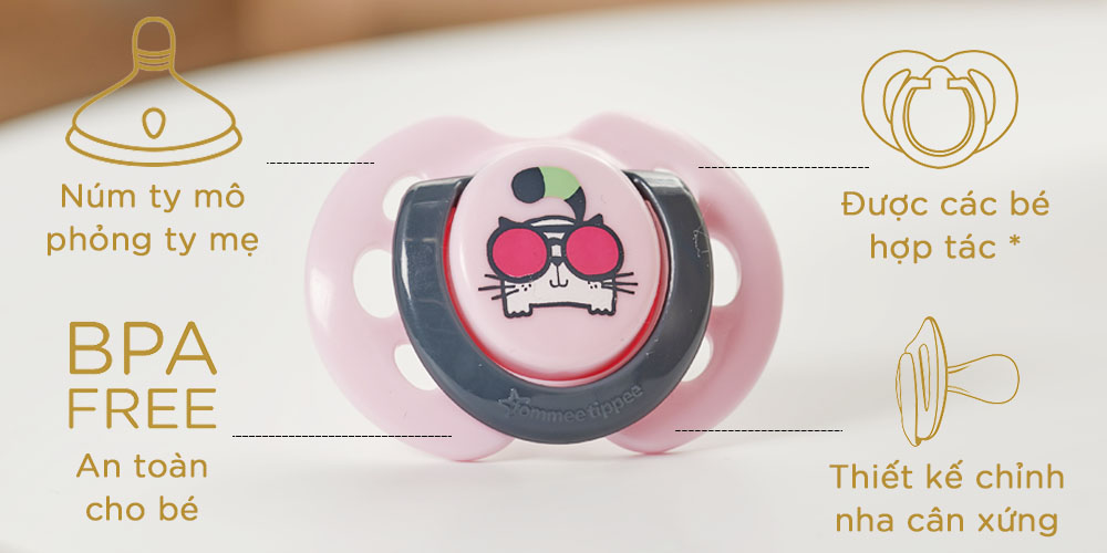 Ty ngậm thoáng khí cho bé Tommee Tippee Air 0-6 tháng (vỉ đôi) - Mèo hồng