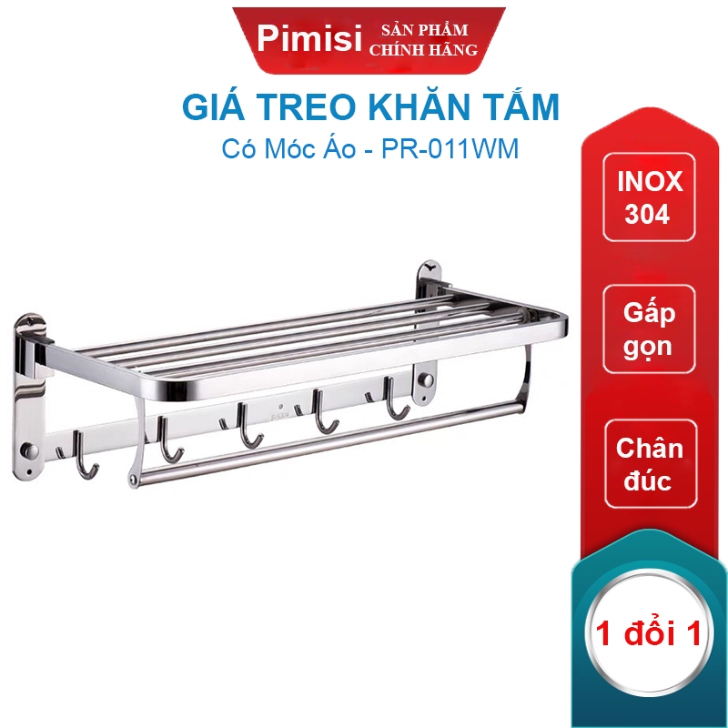 Giá Treo Khăn Tắm Inox 304 Pimisi Có Móc Áo Quần, Với Vắt Khăn Giàn Gấp Gọn Đa Năng Và Thanh Đơn Treo Khăn Mặt Kèm Đinh Ốc Vít Nở Gắn Tường Bằng Khoan Trong Nhà Vệ Sinh | Hàng Chính Hãng