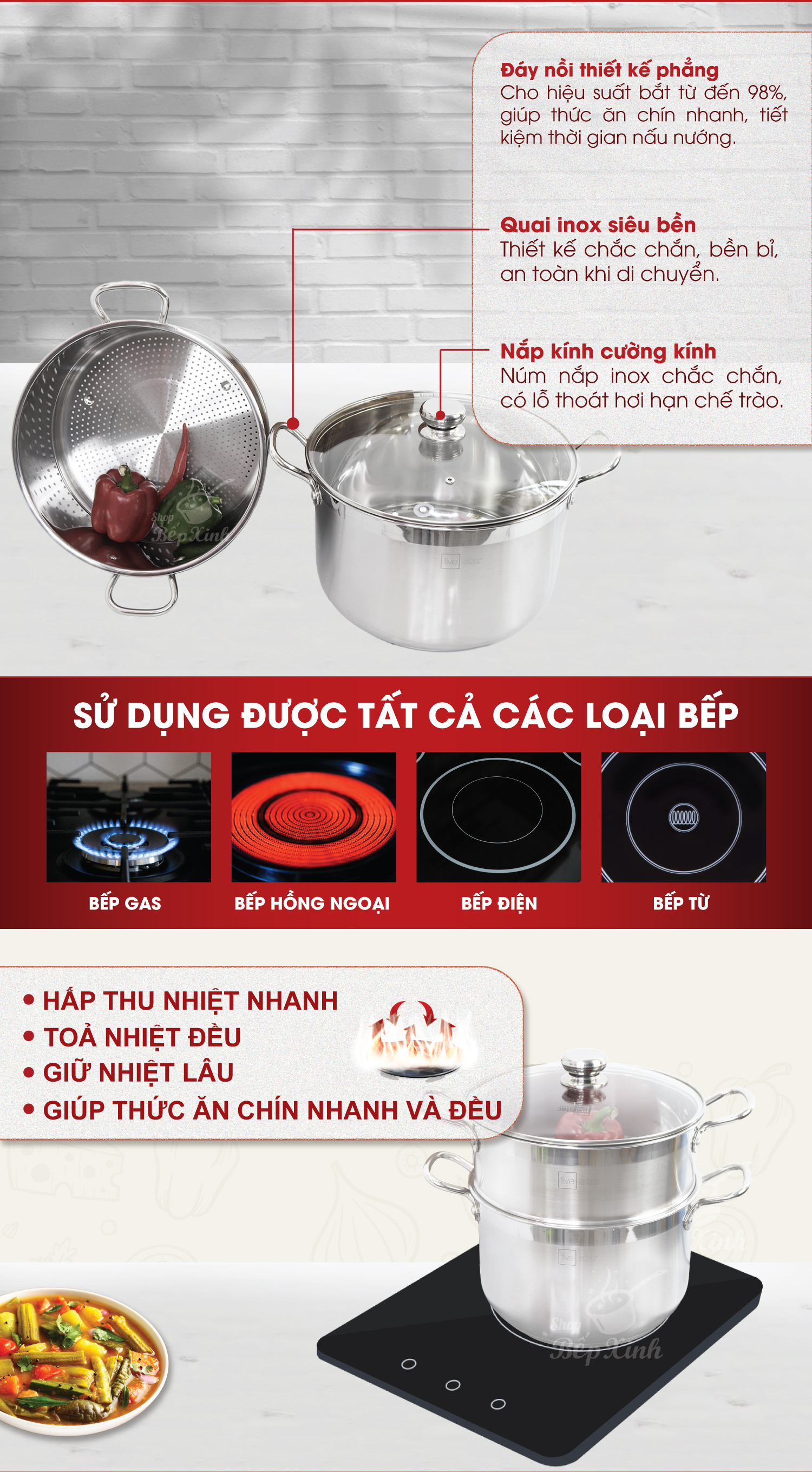 Bộ nồi xửng hấp inox cao cấp Fivestar 3 đáy từ nắp kính tặng 2 muỗng canh