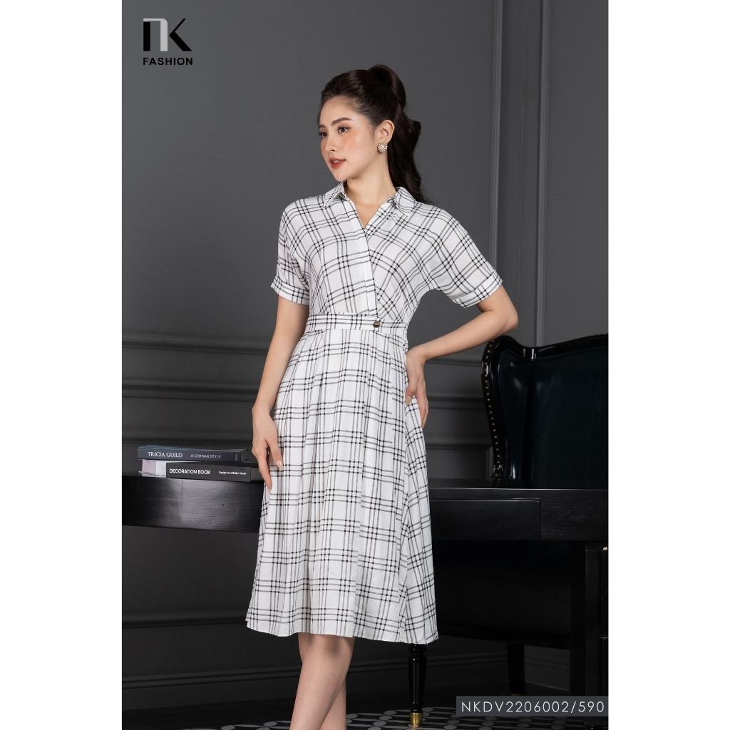 Đầm Tay Cánh Dơi NK Fashion Thiết Kế Xếp Ly Hoạ Tiết Kẻ Ô Xinh Xắn, Chất Vải Mềm Nhẹ NKDV2206002