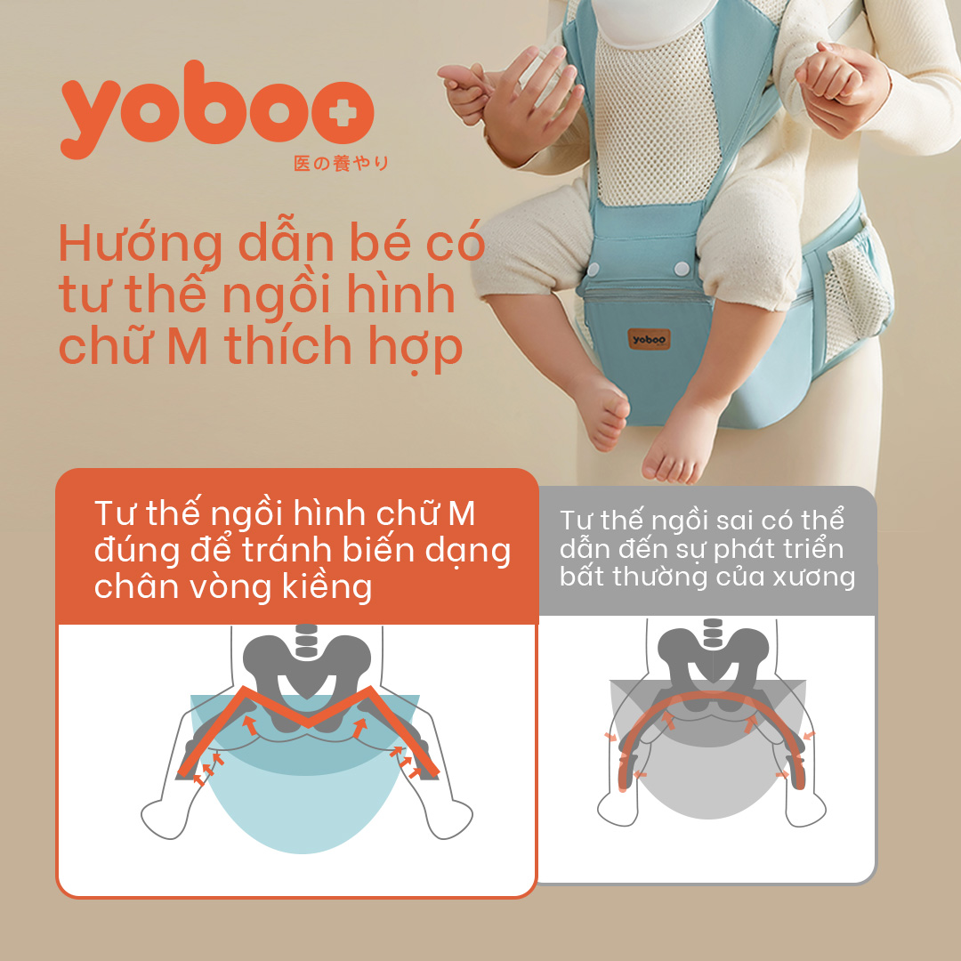 đai địu em bé yoboo - chống gù, có bệ ngồi, lưới tổ ong thoáng khí - chất lượng nhật bản 4