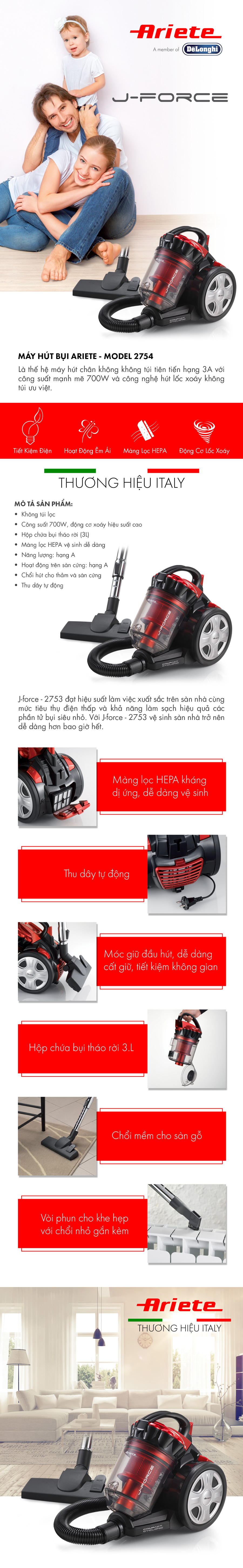 Máy Hút Bụi Jed Force Ariete MOD.2753 (700W) - Hàng Chính Hãng