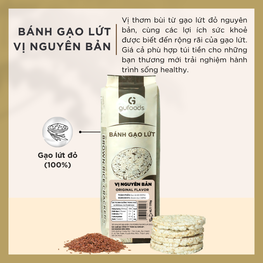 Bánh gạo lứt GUfoods (170g) - Không chiên dầu, Không đường, Từ gạo và ngũ cốc nguyên hạt, Lành mạnh, Phù hợp Eat clean, Ăn vặt healthy, Thực dưỡng, Tập gym, Thuần chay, Đa dạng hương vị
