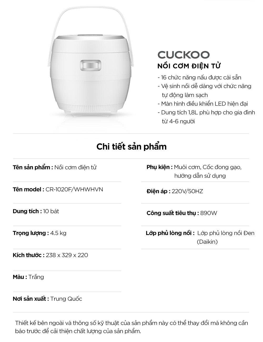 Nồi cơm điện tử Cuckoo 1,8L CR-1020F- màu trắng - Bảng điều khiển LED - Lòng nồi chống dính - Chất lượng Hàn Quốc - Hàng chính hãng Cuckoovina