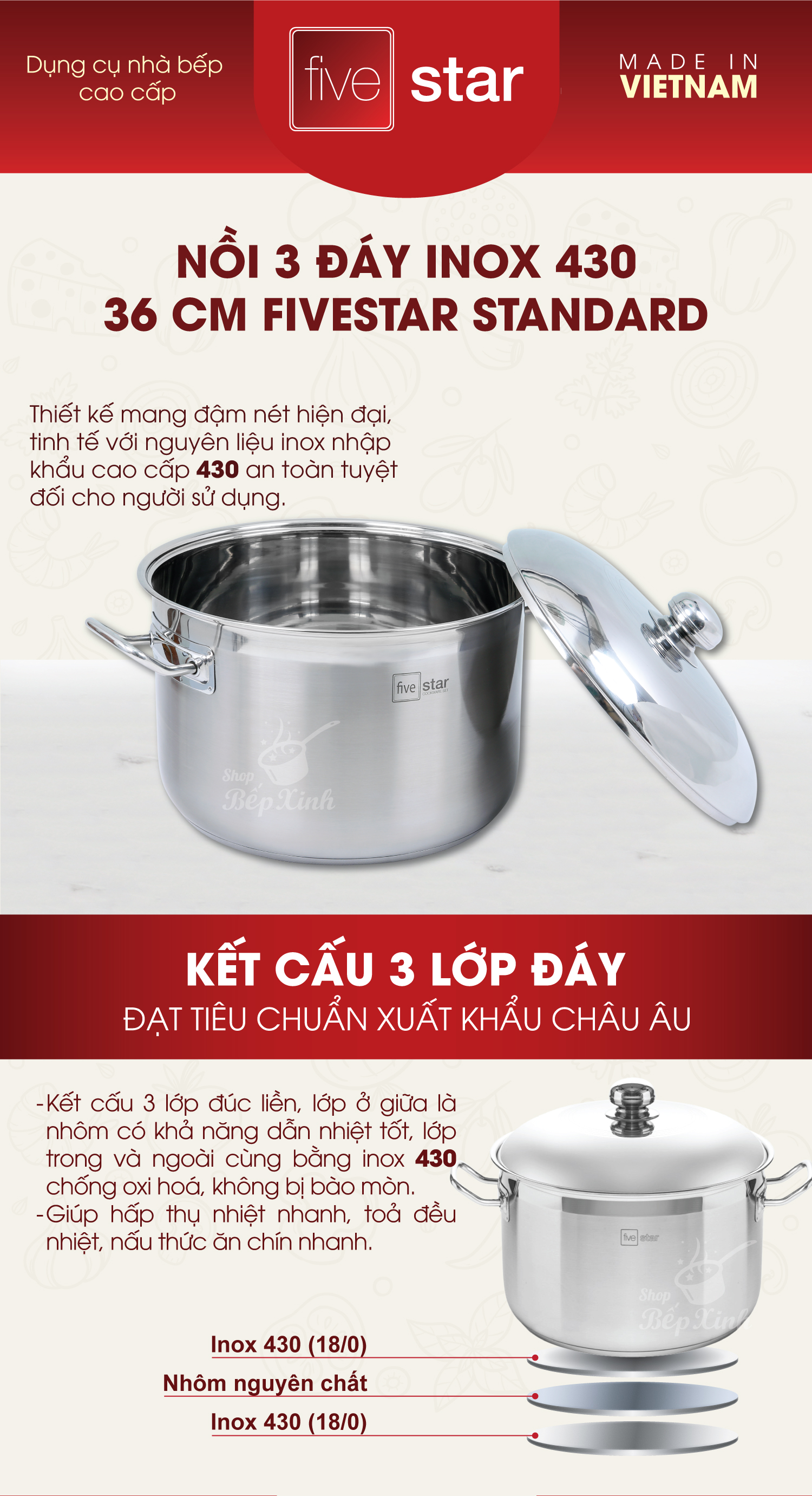 Nồi Luộc Gà Inox 430 3 Đáy Nắp Inox Fivestar - Bạc