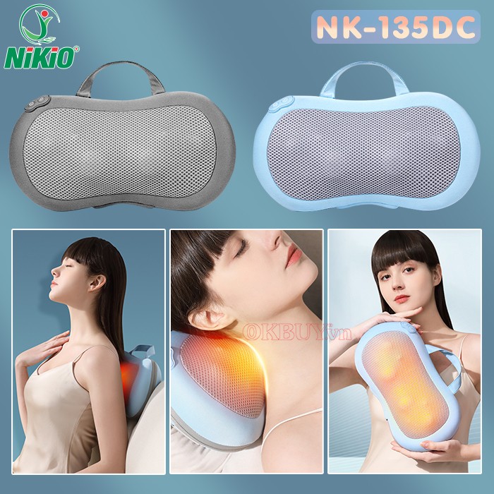 Gối massage pin sạc hồng ngoại đa năng Nikio NK-135DC - Giảm đau mỏi cổ vai gáy và toàn thân với bi xoay day ấn