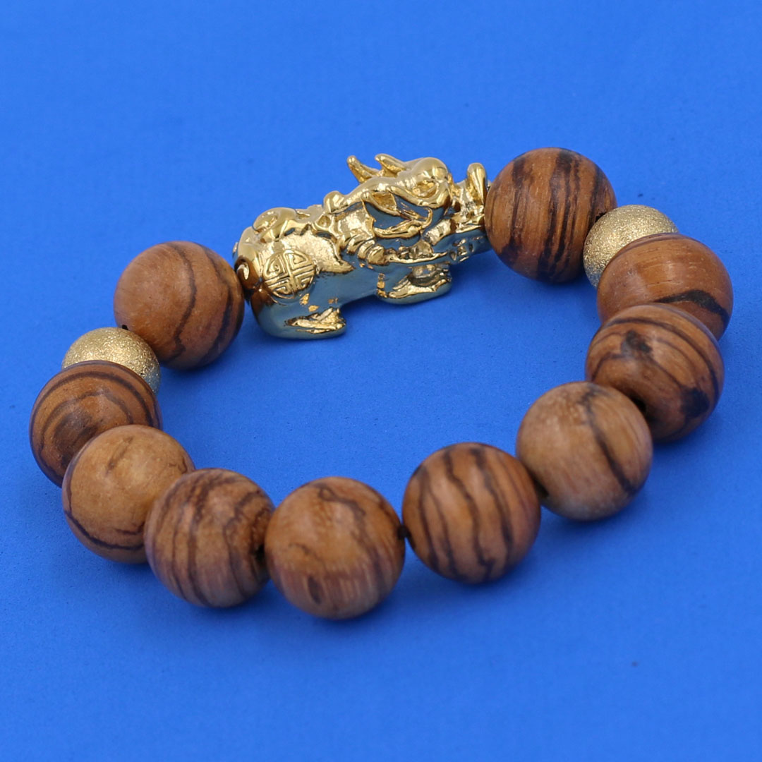 Chuỗi tay Gỗ Huỳnh Đàn 15 ly - Vòng tay Tỳ Hưu inox vàng VGHUDTHHBV15 - Vòng đeo tay size lớn, phù hợp cho nam