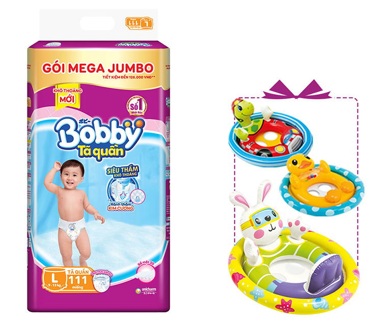 Tã/bỉm quần Bobby gói Mega Jumbo L111 (9 - 13kg) [Tặng phao bơi hình thú INTEX]