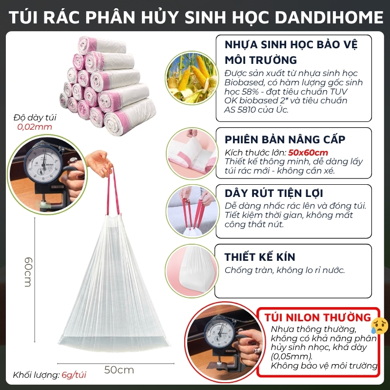 Túi rác, túi đựng rác tự hủy sinh học DandiHome có dây rút, túi rác không gây hại cho môi trường