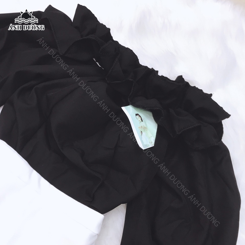 Set áo trễ vai tay phồng màu đen và chân váy trắng phong cách dễ thương Ánh Dương Clothing