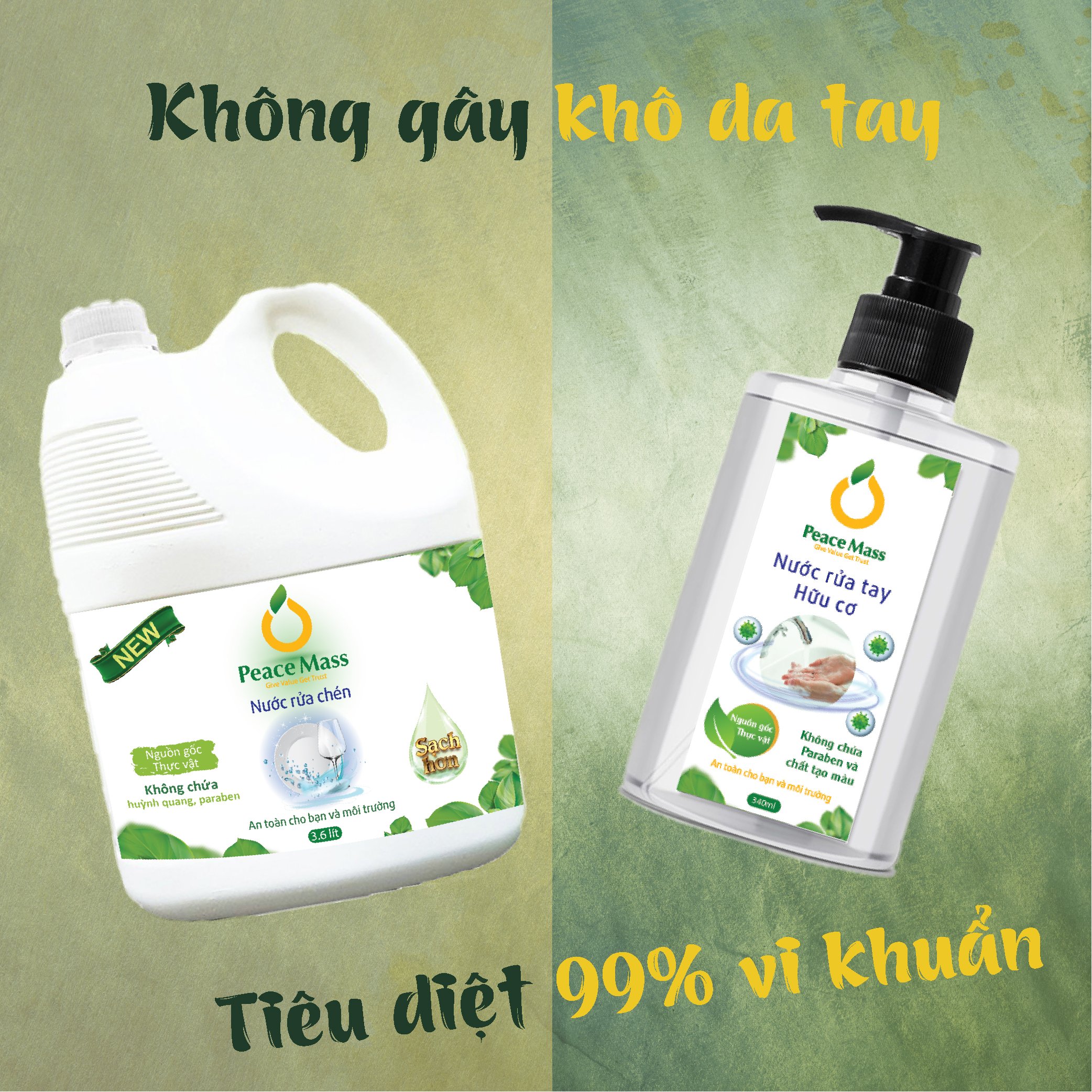 rcb1 combo hữu cơ peace mass nước rửa chén 3.6 lít + nước rửa tay 340ml 1