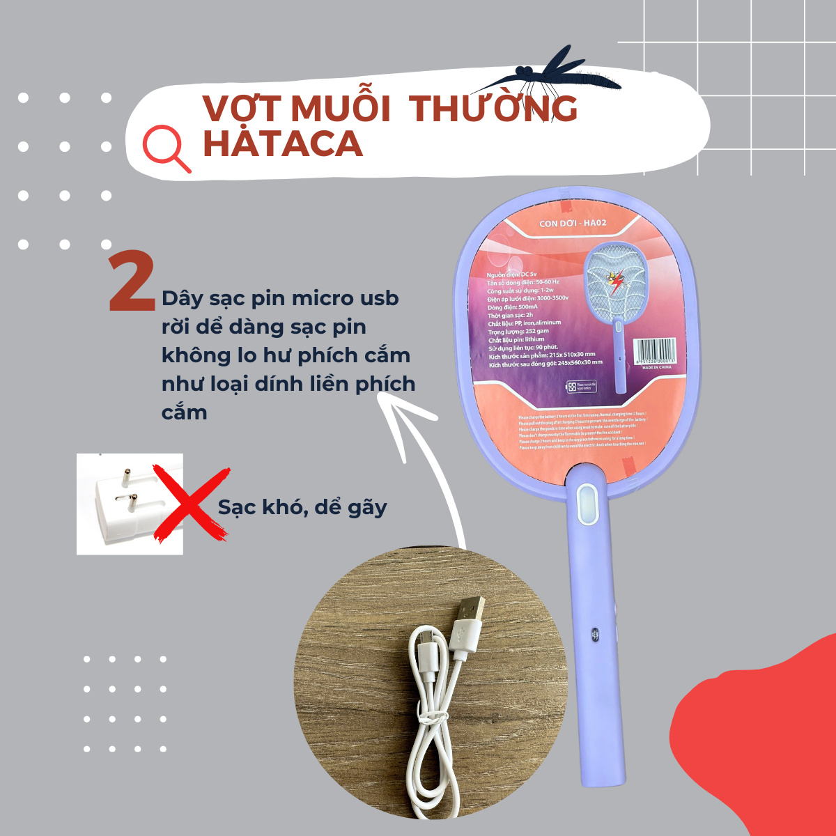 Vợt muỗi HATACA CON DƠI PIN LITHIUM 1200MAH THAY THẾ ĐƯỢC