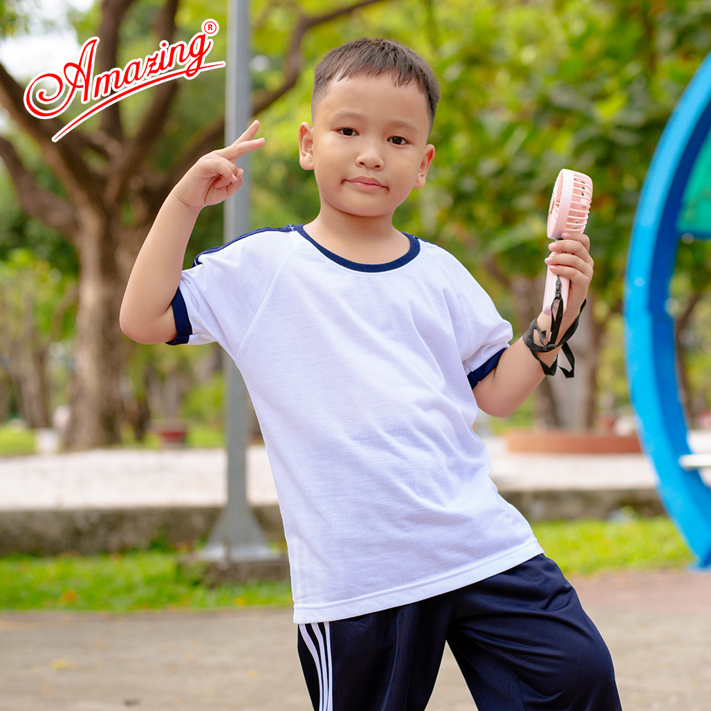Áo thun thể dục thương hiệu Amazing cho bé trai, cổ bẻ và cổ tròn, đồng phục thể thao cho học sinh nam nữ các cấp