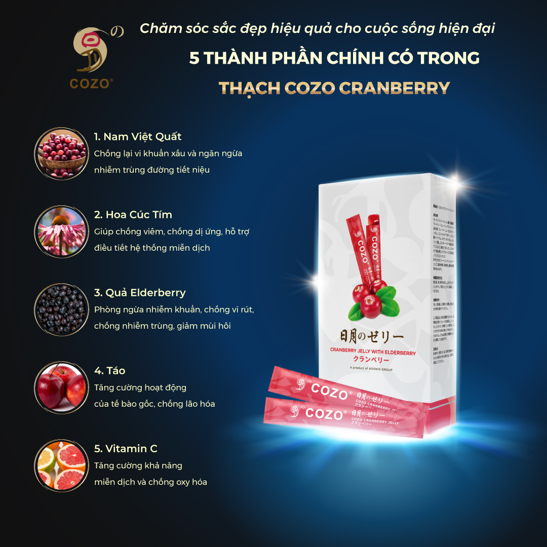 Thạch Giúp Cân Bằng Và Ngăn Nhiễm Trùng Đường Tiết Niệu COZO Cranberry Jelly Chiết Xuất Nam Việt Quất Và Elderberry, Tăng Khả Năng Miễn Dịch
