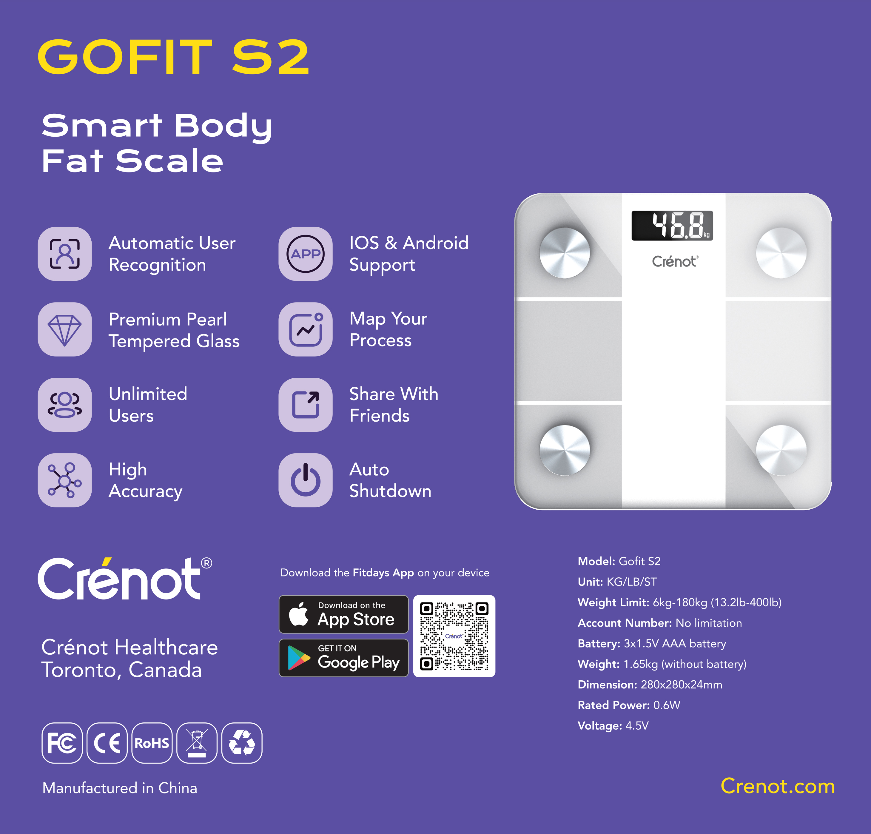 cân điện tử sức khoẻ thông minh crénot health gofit s2 kết nối bluetooth đo phân tích chỉ số cơ thể body fat scale can dien tu suc khoe thong minh crenot 3