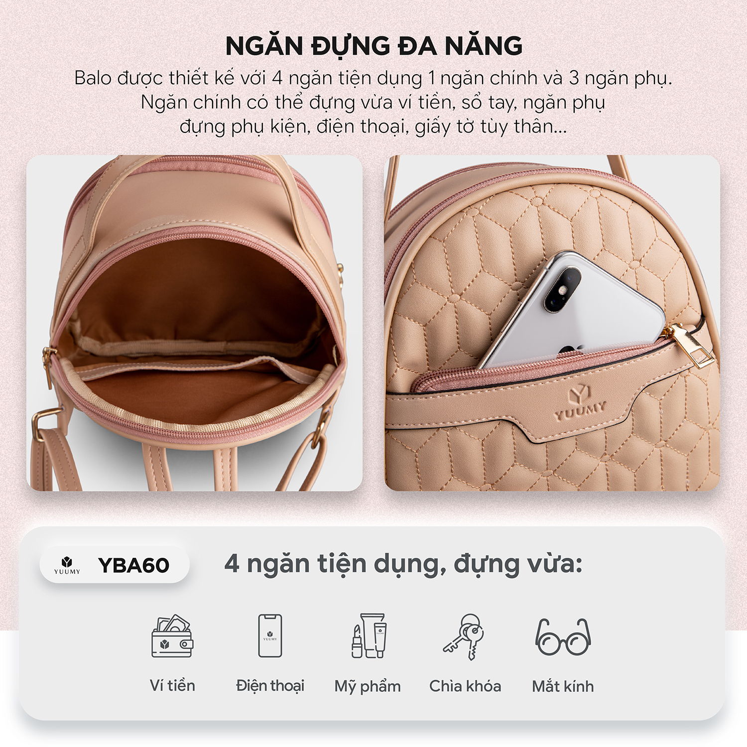 Balo Yuumy ( Thời trang nữ họa tiết tiện lợi cỡ trung - Balo da Seasand YBA60 )