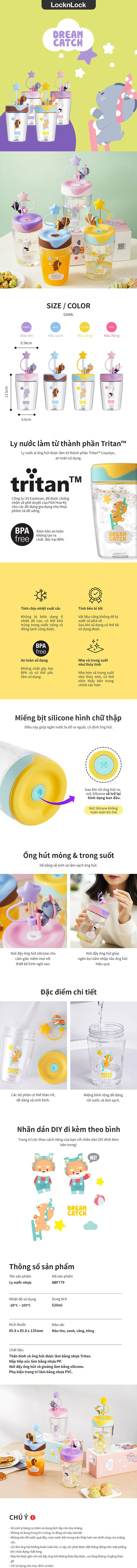 Ly nhựa LocknLock Dream Catcher ABF779PUP 520ml có nắp đậy ống hút - Màu tím