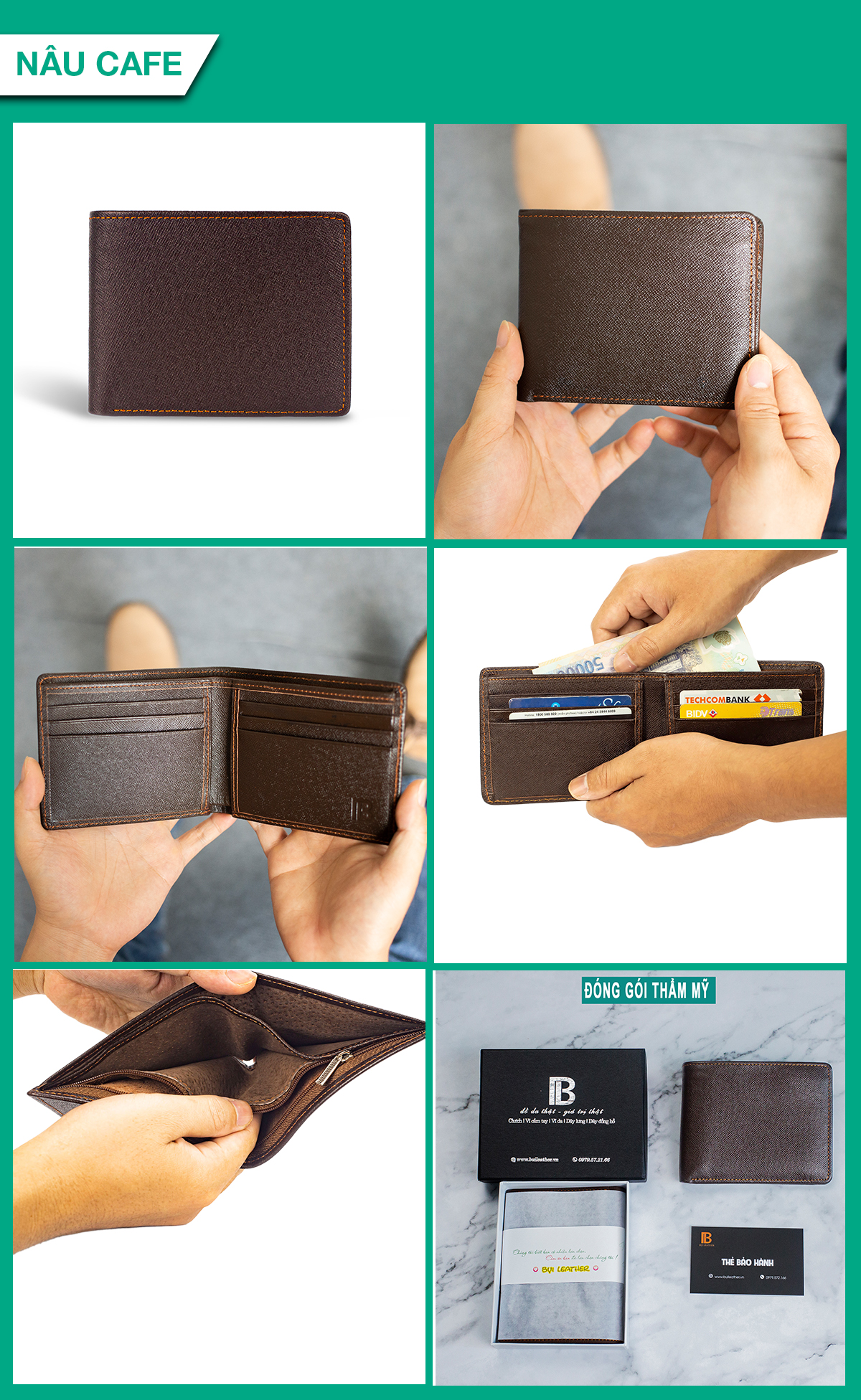 Ví nam, bóp nam da bò Saffiano Bụi Leather V140 - Bảo hành 12 tháng