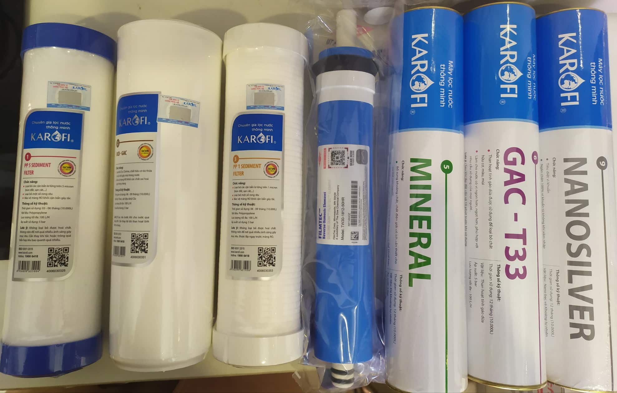 Combo 7 lõi lọc nước dành cho máy lọc  Karofi 7 cấp ( Lõi 123+RO+Mineral+Gac T33+Nanosilver) ( Hàng chính hãng)