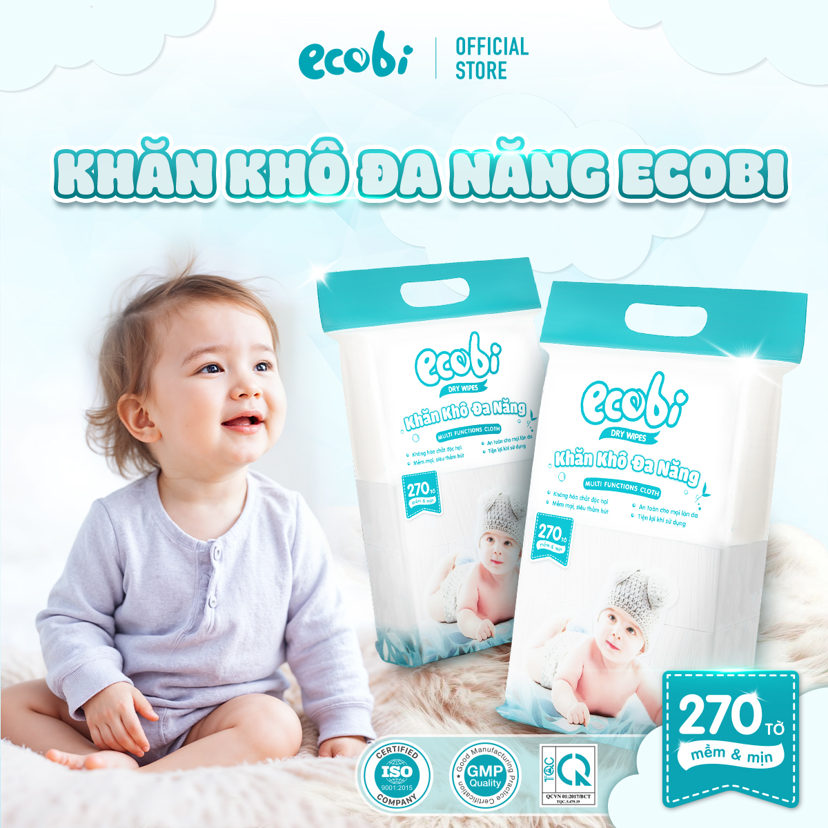 Thùng 05 túi khăn vải khô đa năng cho bé Ecowipes túi 270 tờ 345g mềm mịn dai thấm hút tốt