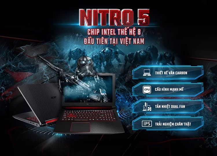 Laptop Acer Nitro 5 AN515-52-53PC NH.Q3MSV.00B (Core i5-8300H/ 8GB DDR4 2666MHz/ 512GB SSD M.2 PCIE/ GTX 1050 4GB/ 15.6 FHD IPS/ Win10) - Hàng Chính Hãng