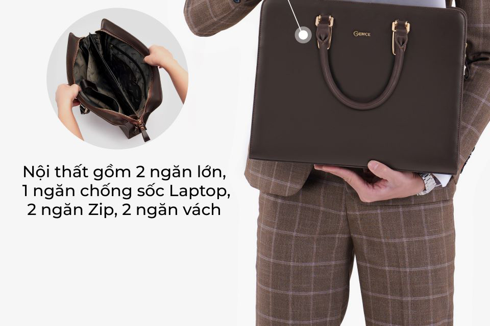 Cặp Da Nam Công Sở Túi Xách GENCE CTS08 Da Bò Cao Cấp Màu Nâu Có Dây Đeo Vai