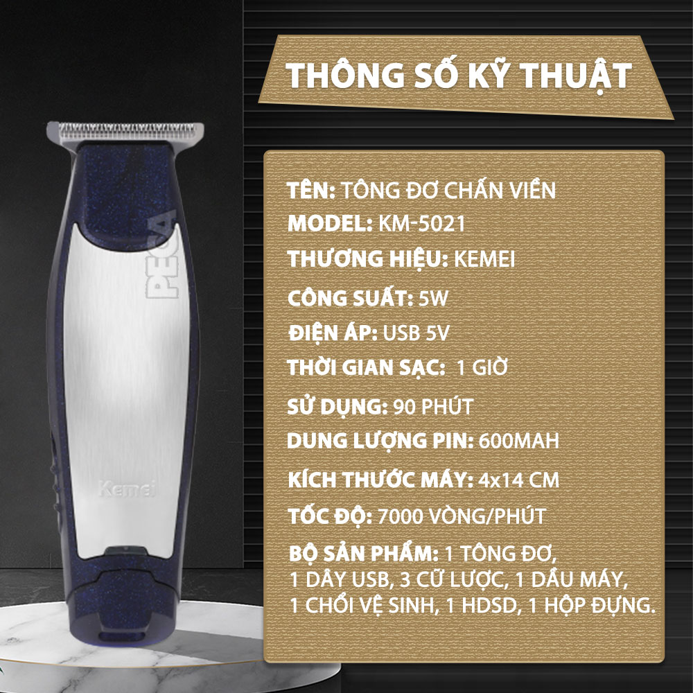 Tông đơ chấn viền cắt tóc, cạo trọc, cạo râu fade tóc, khắc tóc đi viền nét Kemei KM-5021 chuyên dụng cho salon, tiệm tóc, cá nhân đi kèm với máy có bộ cữ lược căn độ dài chuyên dụng Tặng kèm bộ 2 kẹp cá sấu chia tóc ( màu ngẫu nhiên )