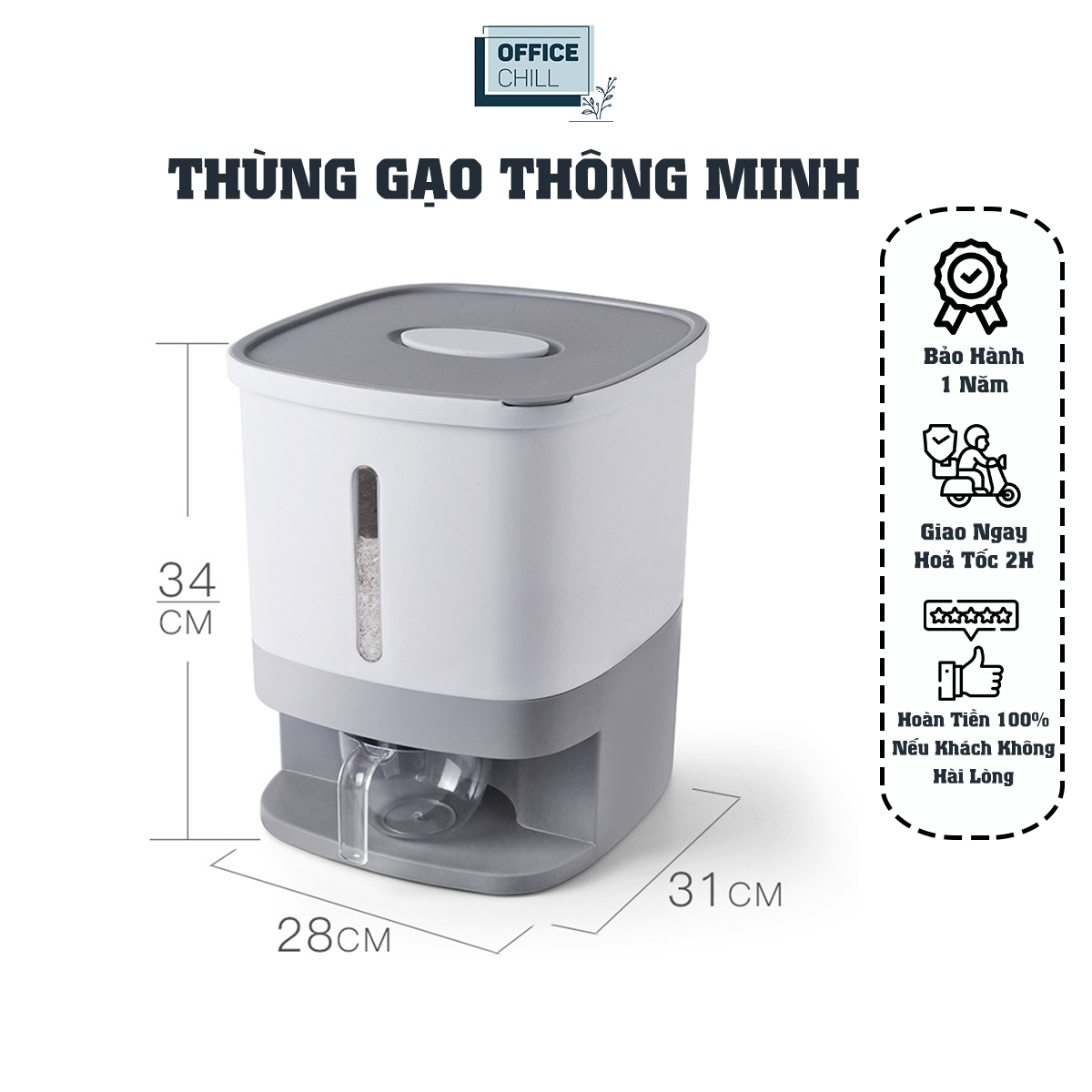 Thùng Gạo Thông Minh Tự Động 10Kg OFFICE CHILL, Thùng Đựng Gạo, Thực Phẩm Vật Liệu Nhựa An Toàn Cho Sức Khỏe Bảo Hành 1 Năm