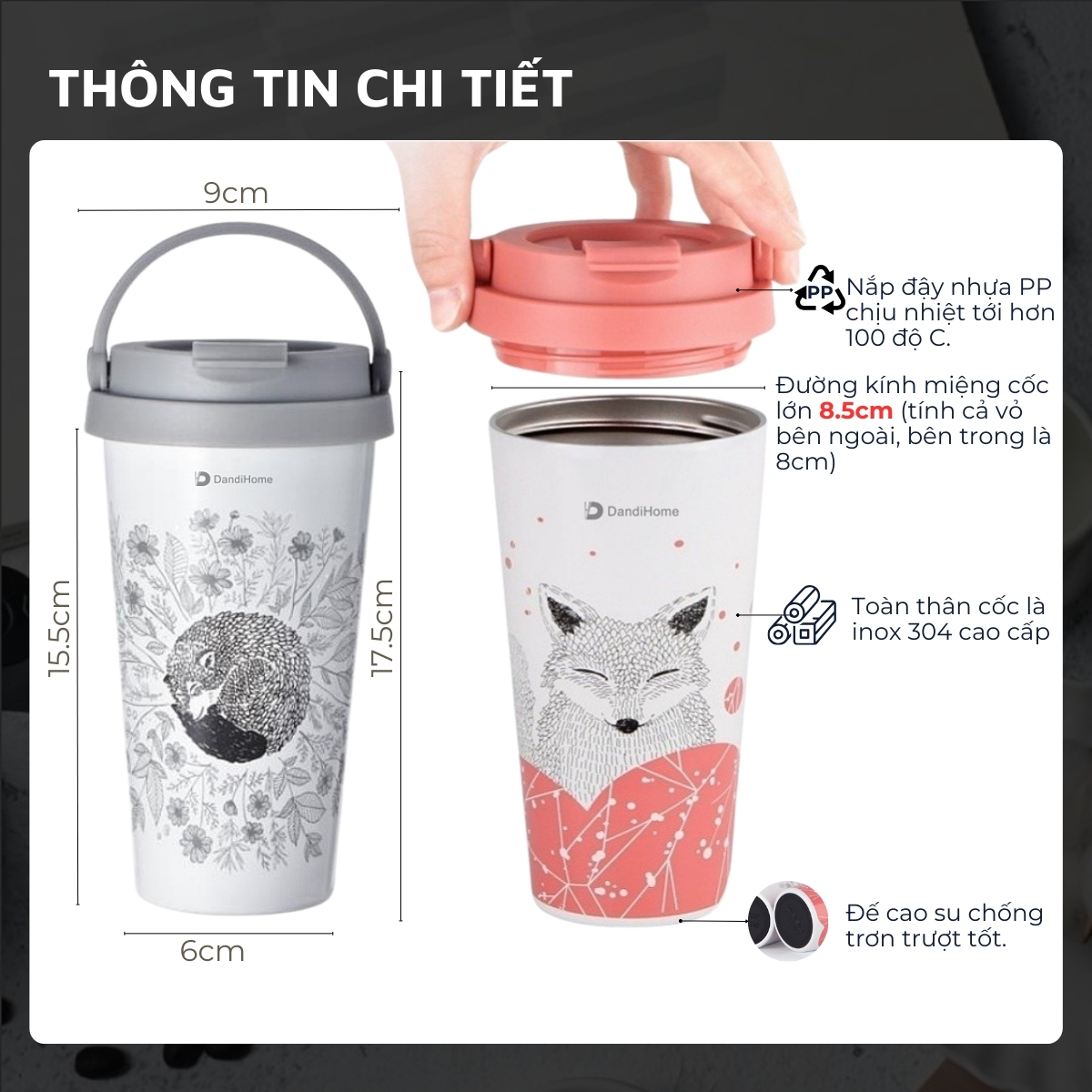 Cốc (Ly) cách nhiệt, giữ nhiệt DandiHome inox 304 (500ml)