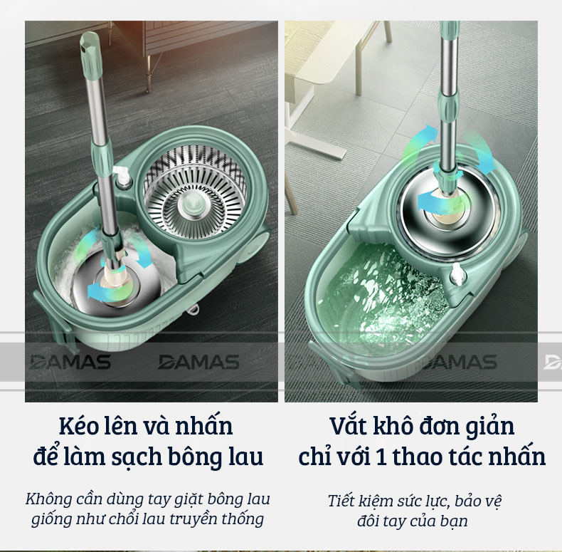 Bộ Cây Lau Nhà Tự Vắt Thông Minh Damas G720 - Chổi Lau Xoay 360 Độ, Giặt Sạch Vắt Khô Nhanh Chóng - Thiết Kế Nâng Cấp Bổ Sung Tay Kéo Giúp Di Chuyển Dễ Dàng - Chất Liệu Nhựa PP Cao Cấp Chống Mài Mòn Gia Tăng Thời Gian Sử Dụng - Hàng Chính Hãng