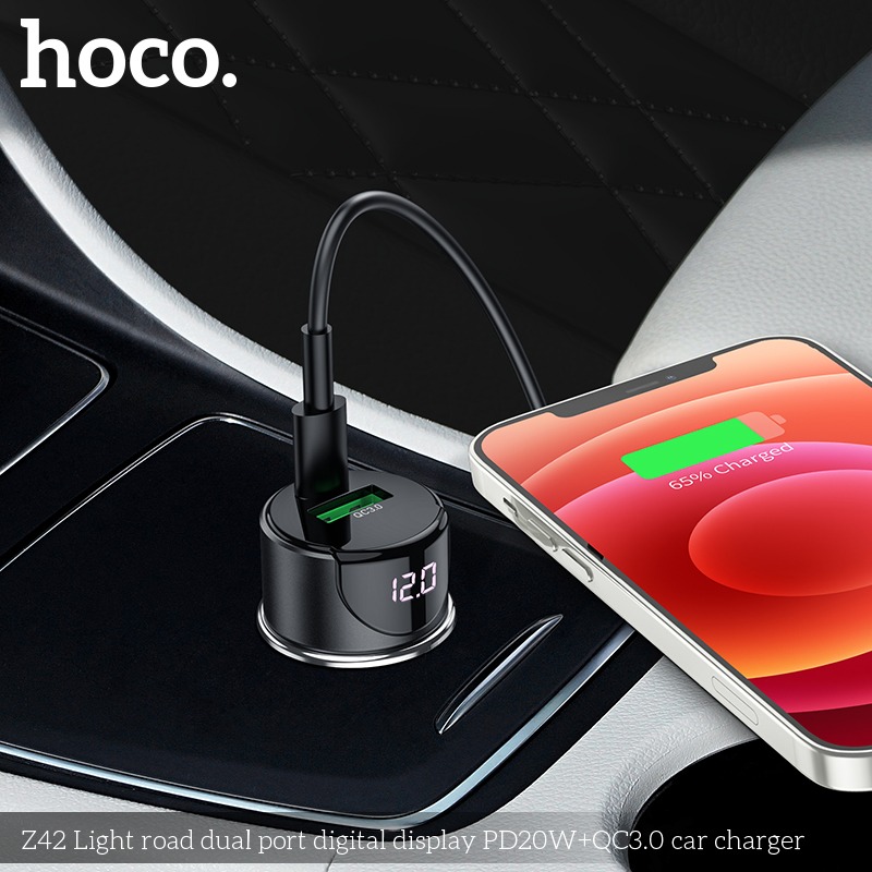 Tẩu sạc nhanh 20W trên xe hơi ô tô HOCO Z42 PD QC 3.0 Dành cho điện thoại iPhone iP Samsung Oppo cốc củ cóc sạc oto  - Hàng chính hãng