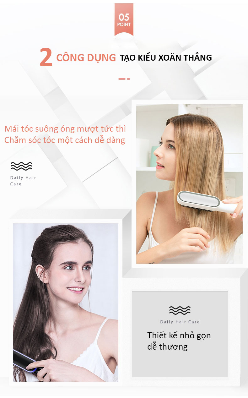 Lược Điện Chải Tóc, Công Suất 45W, Giúp Tóc Bồng Bềnh, Óng Mượt; Làm Xoăn, Duỗi Thẳng Dễ Dàng, Có Đèn Cảnh Báo Nhiệt Độ, Tăng Giảm Nhiệt Độ Dễ Dàng- Hàng Chính Hãng 
