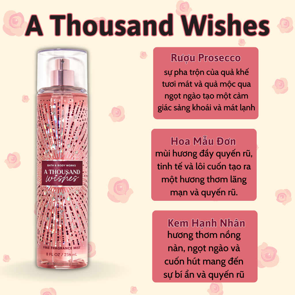 Body Mist Bath And Body Works Nam Nữ Chính Hãng A Thousand Wishes, Xịt Thơm Body Toàn Thân Hương Nước Hoa 236ml