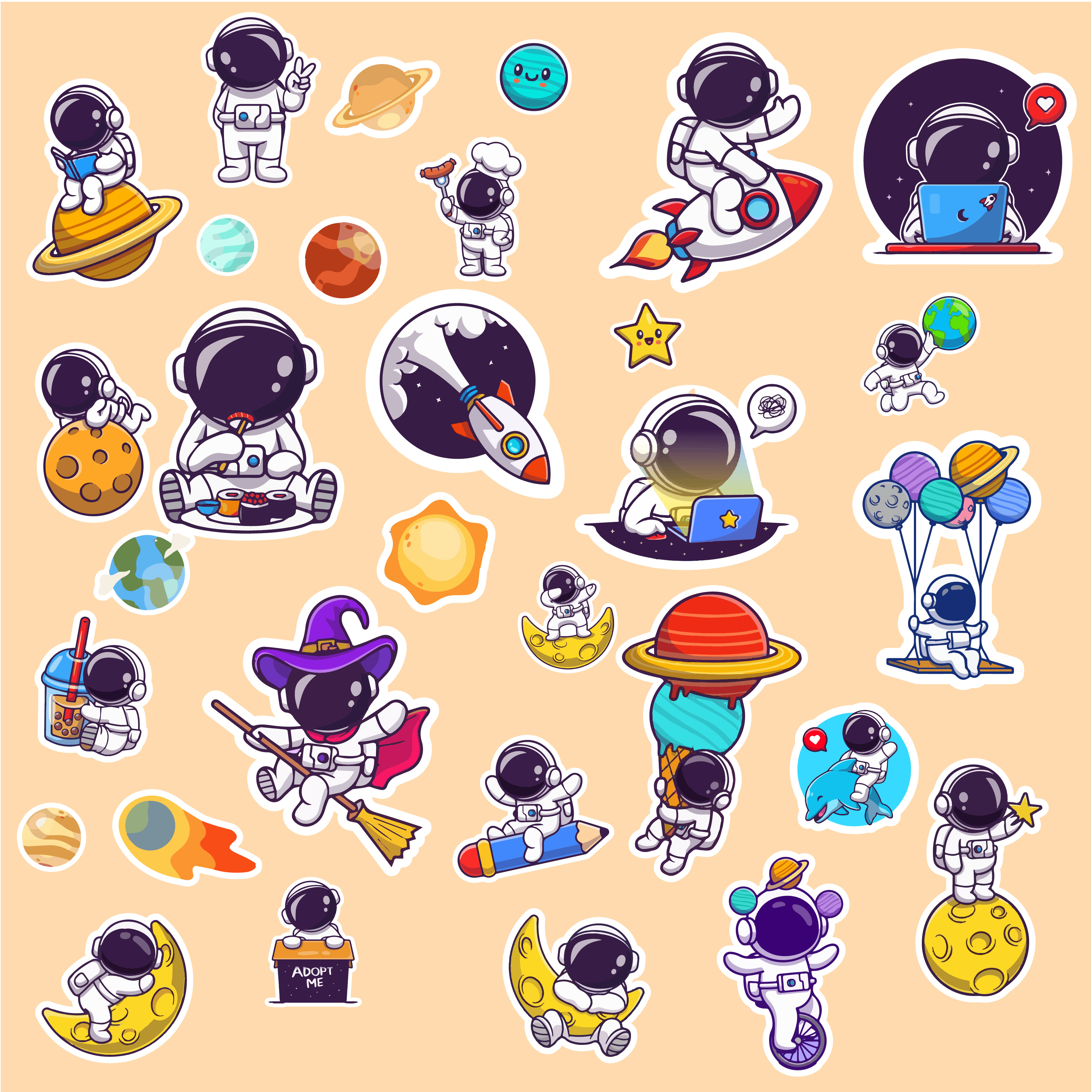 Sticker phi hành gia: Trang trí và làm mới cuộc trò chuyện của bạn với các sticker phi hành gia vui nhộn. Thêm chút bốc đồng và sáng tạo với những sticker vui của các phi hành gia, tàu vũ trụ và các hành tinh.
