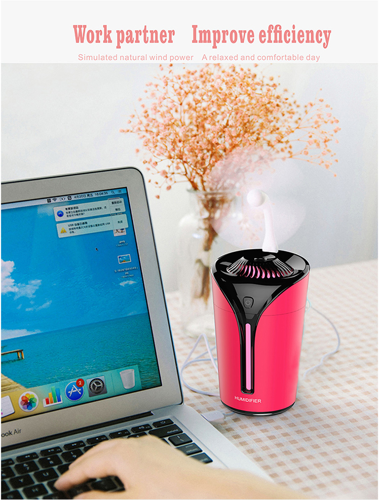 3 in 1 small fan flame cup shaped humidifier Light Colorful Lamp USB Mini Air Purifier Home Office (Blue)